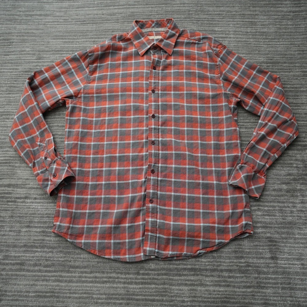 Age of Wisdom Shirt Men Button Up Plaid Orange Blue‎ Long Sleeve XL